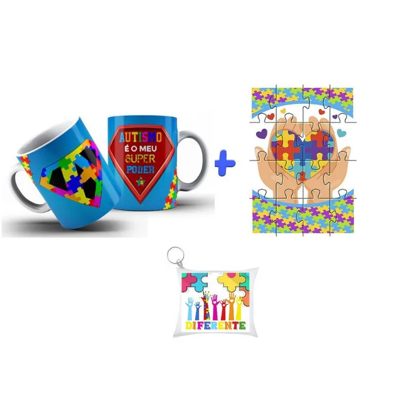 Kit Caneca Autismo + Almochaveiro E Quebra-cabeça
