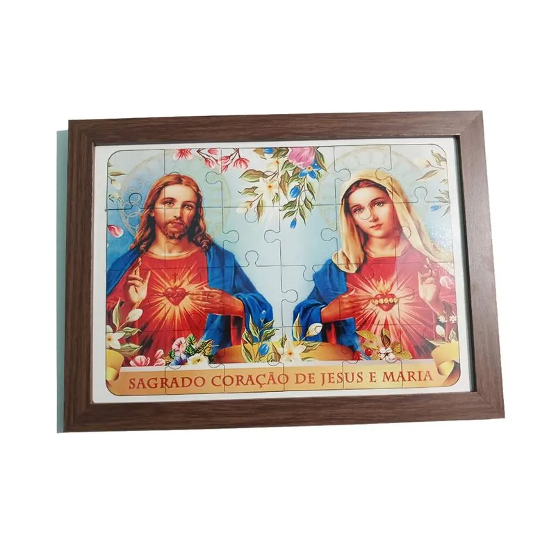 Quadro Quebra-cabeça MDF 35 peças Sagrado Coração de Jesus e Maria
