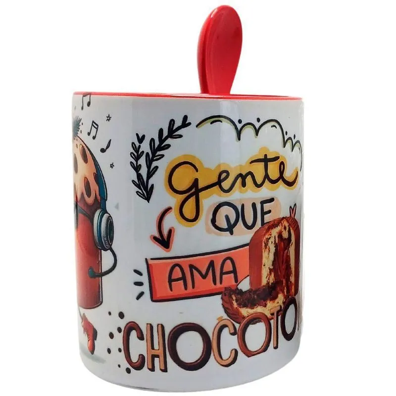 Caneca Vermelha Com Colher Gente Que Ama Chocotone + Chaveiro