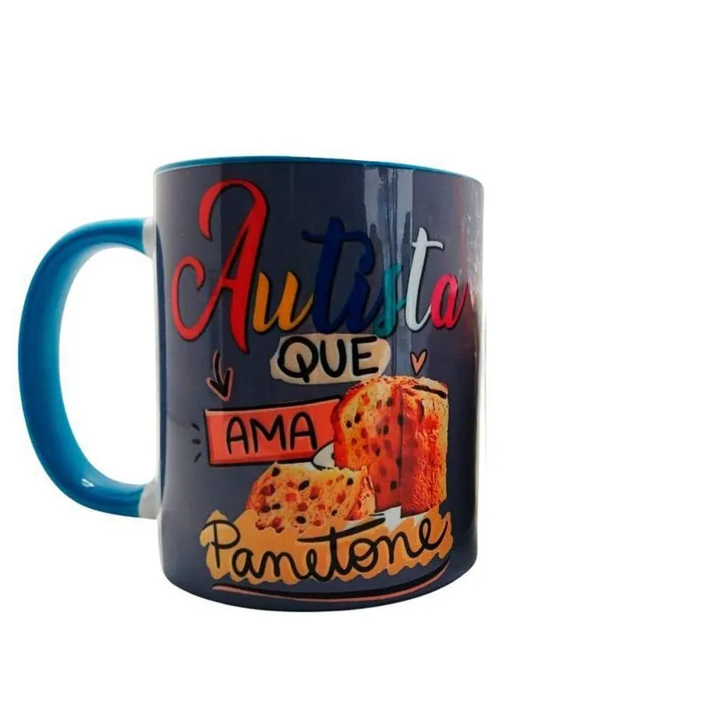 Caneca Com Colher Azul Autista Que Ama Chocotone + Chaveiro