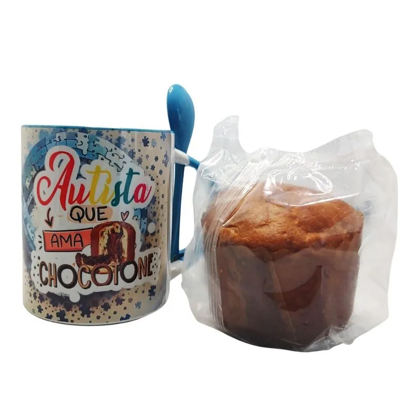Caneca Azul Colher Autista Que Ama Chocotone + Chocotone 80 G