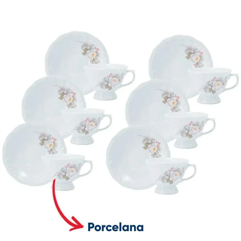 Conjunto Xícaras Chá 6 Pç Com Pires Eterna Porcelana Schmidt