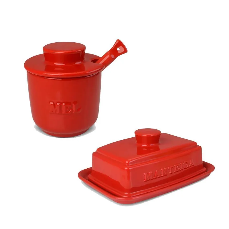 Manteigueira E Meleira Cerâmica Vermelho 3 Peças Ceraflame