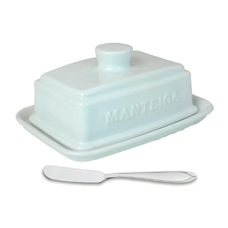 Manteigueira Tradicional Cerâmica Branca Com Espátula Inox