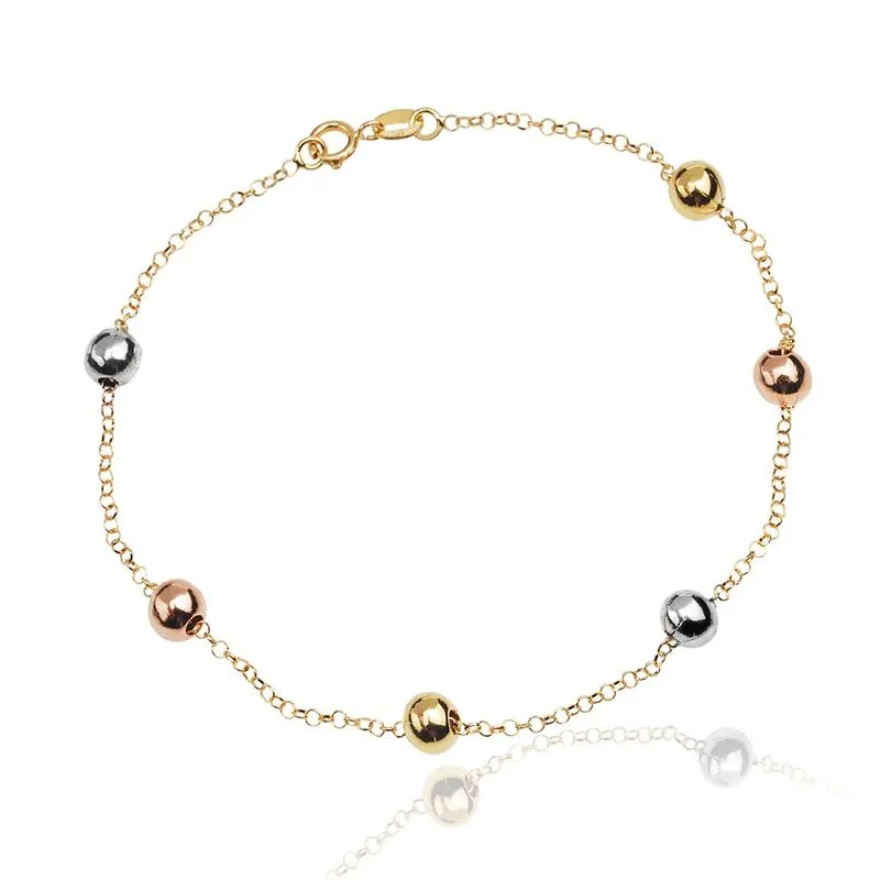 Pulseira Feminina Portuguesa de Ouro 18k Com Bolas 3 Cores 5mm