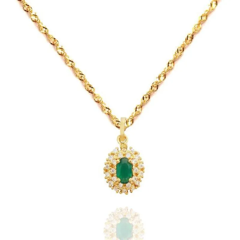Corrente Singapura Com Pingente Oval Esmeralda Sintética e Zircônias Ouro 18k Corrente Singapura 50cm Com Pingente Oval Esmeralda Sintética e Zircônias Ouro 18k