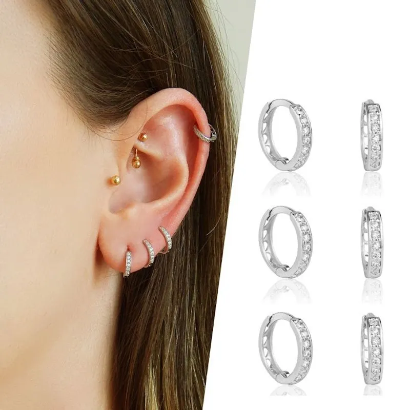 Kit 3 Pares de Brinco Trio de Argola Em Ouro Branco 18k Com Zircônias