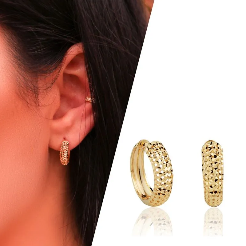 Brinco de Argola Click Diamantada Em Ouro 18k Média 14mm