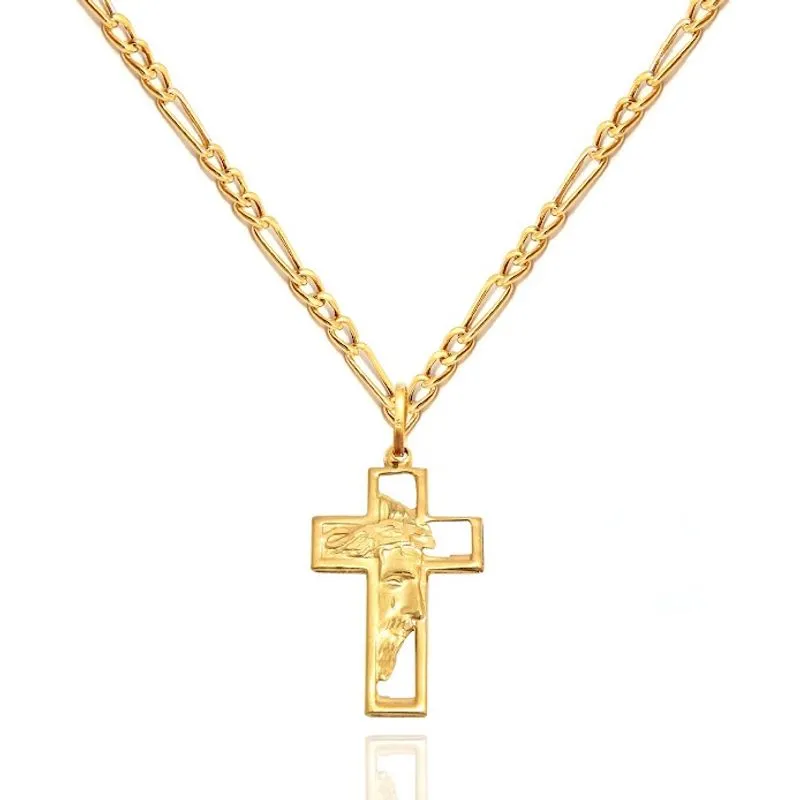 Corrente Grumet 3x1 + Pingente Cruz Face Ouro 18k