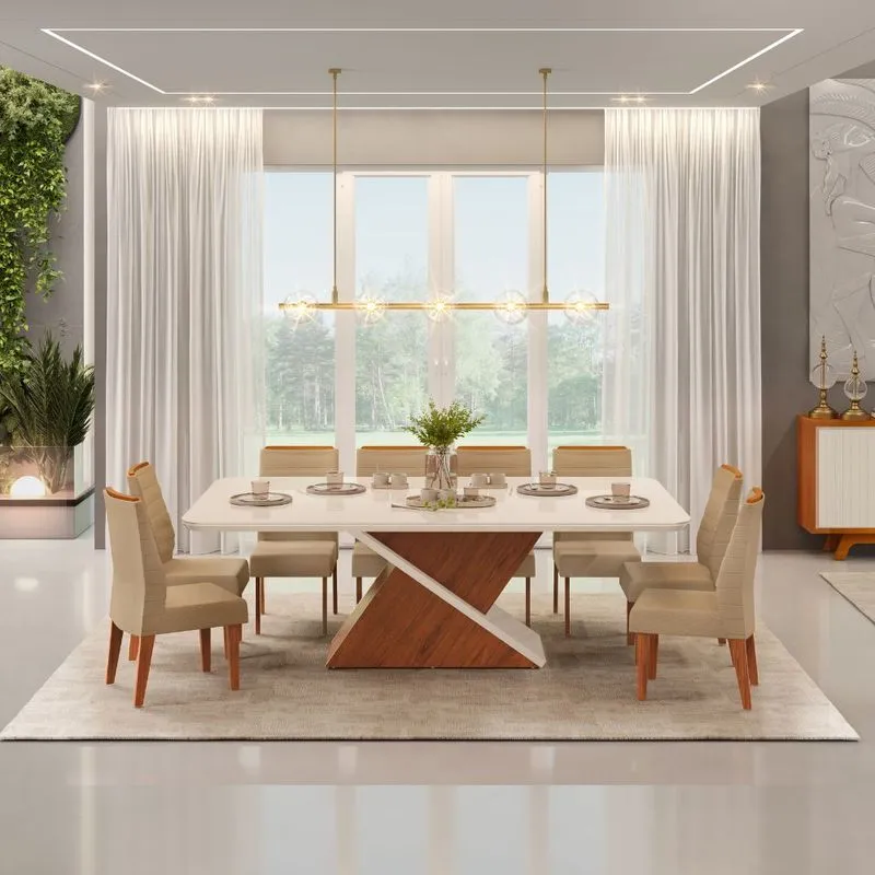 Mesa de Jantar DJ Móveis Zafira 2,00m Tampo MDF com Vidro Freijó/Off White