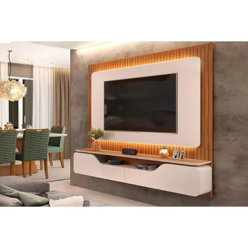 Painel Home Para Tv Até 70 Polegadas Treviso Ripado 100% Mdf Com Led 210x180cm Off White-freijó - Dj Móveis
