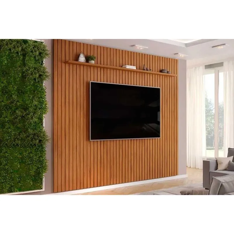 Painel Home p/ TV até 85 Pol Pratic Ripado c/ 1 Prateleira 275x240cm Freijo - DJ Móveis