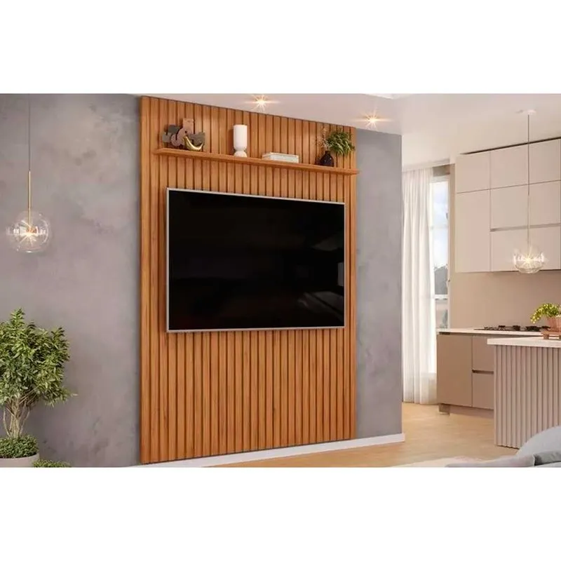 Painel Home p/ TV até 65 Pol Pratic Ripado c/ 1 Prateleira 183x240cm Freijo - DJ Móveis