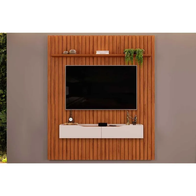 Rack Bancada c/Painel p/TV até 65 Polegadas Pratic Ripado Prateleira 183x240cm Freijo - DJ Móveis