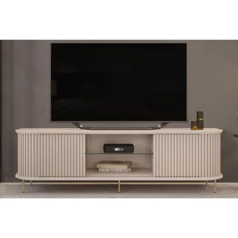 Rack Bancada p/TV até 75 Pol Atlas 100% MDF c/ Ripado e Pés 218x62cm Off White - DJ Móveis