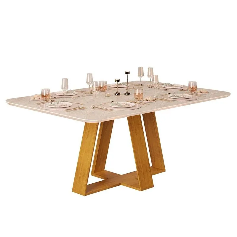 Mesa de Sala Jantar Celeste c/ Tampo Madeirado Curvo 170x90cm Cedro/Quartzo - DJ Móveis