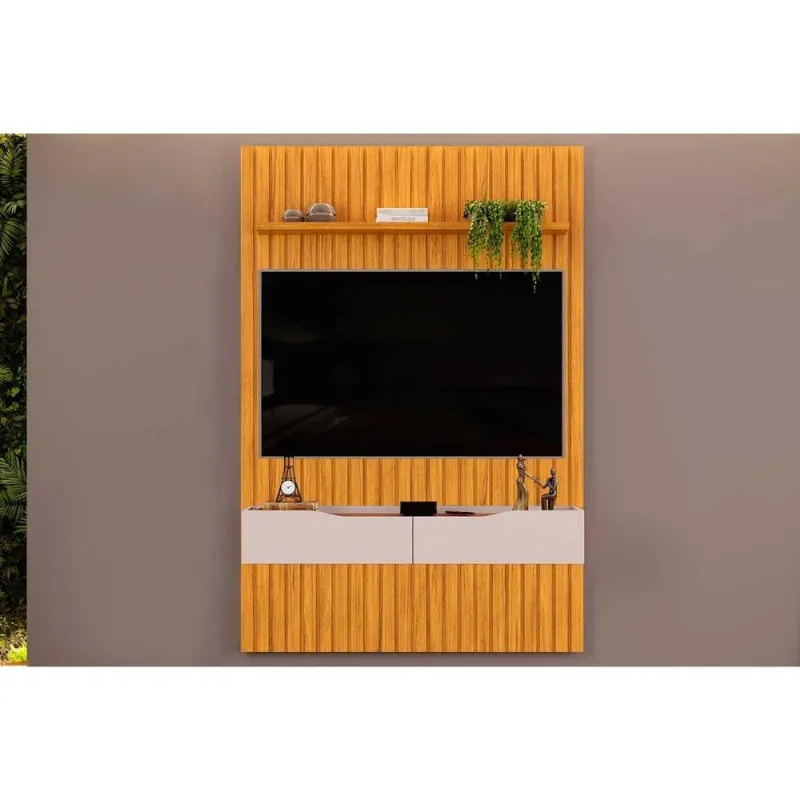 Rack Bancada c/Painel p/TV até 55 Polegadas Pratic Ripado Prateleira 143x240cm Cedro - DJ Móveis