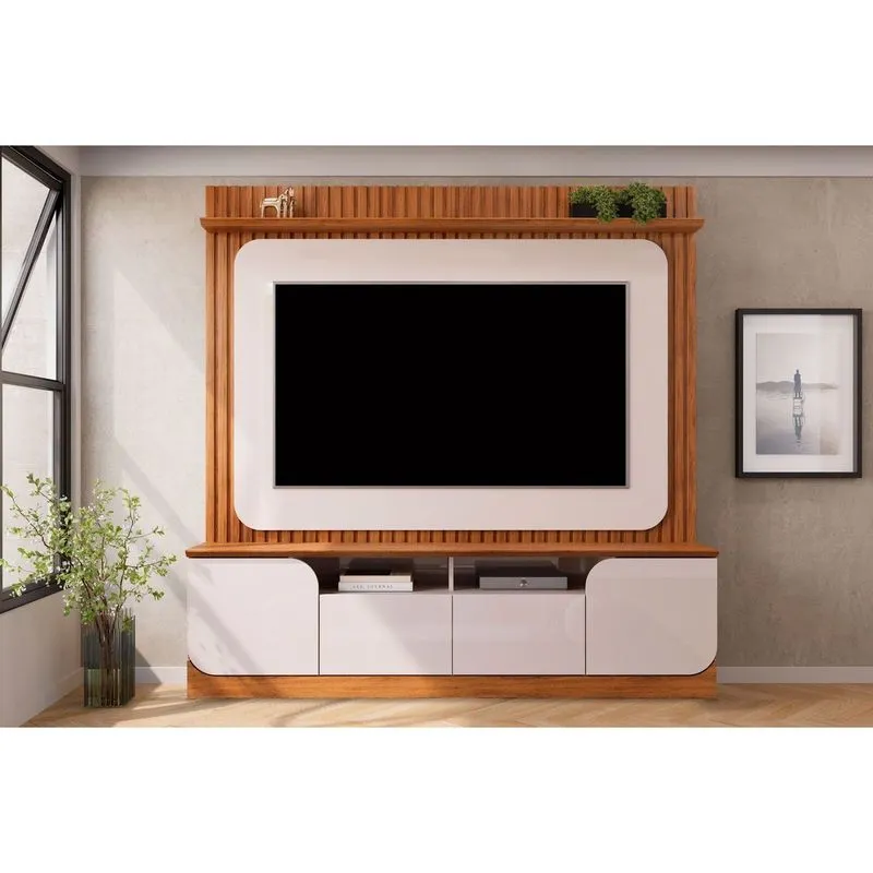Home p/ TV até 65 Pol Vogue Ripado c/ 4 Portas e Nichos 182x183cm Freijó/Off White - DJ Móveis