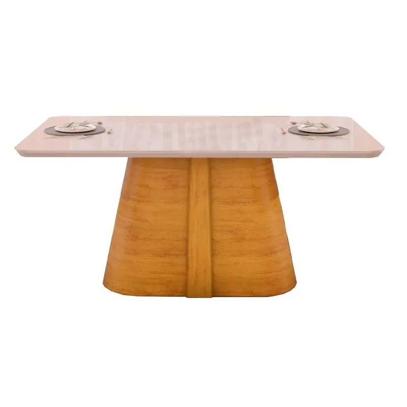 Mesa de Sala Jantar Ryze c/ Tampo Madeirado Vidro Curvo 180x100cm Cedro/Off White - DJ Móveis