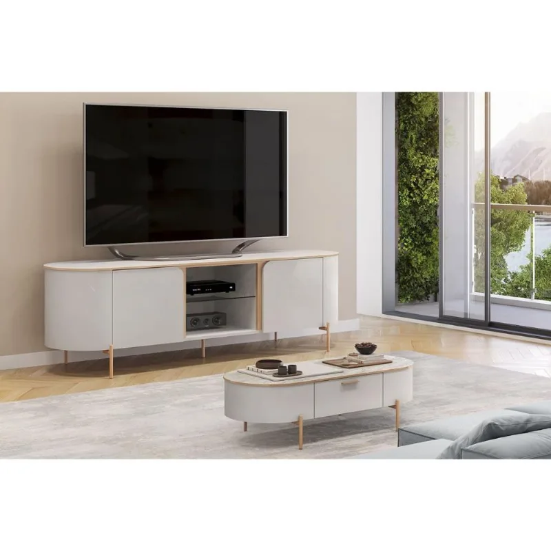 Rack Bancada p/ TV até 65 Pol Adele c/ 2 Portas 180x57cm Off White/Off White - DJ Móveis