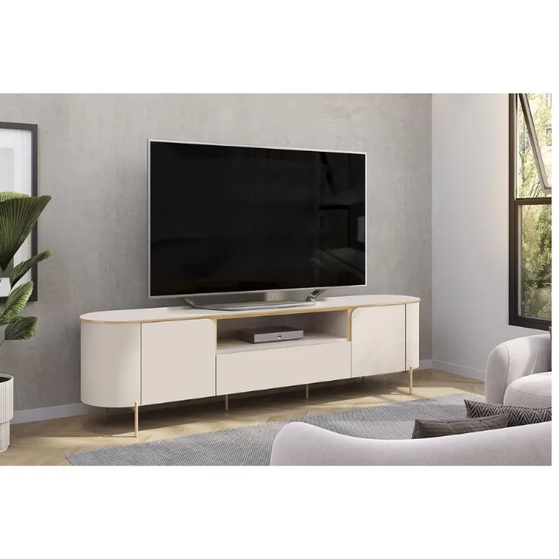 Rack Bancada p/ TV até 75 Pol Areta c/ 2 Portas 218x57cm Off White/Off White - DJ Móveis