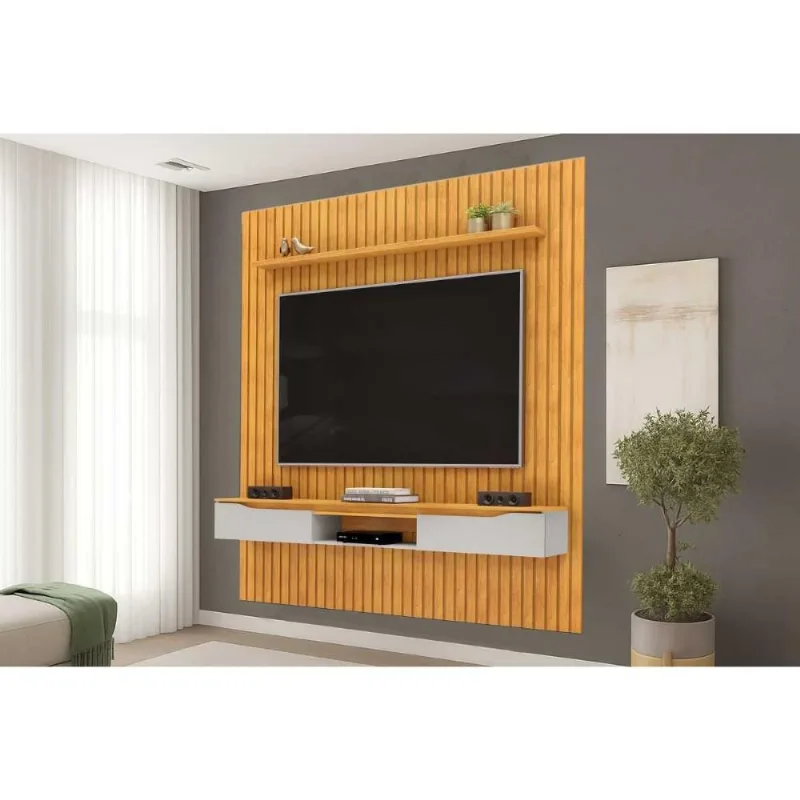 Rack Bancada c/ Painel p/ TV Isac 223x240cm Cedro/Bali - DJ Móveis