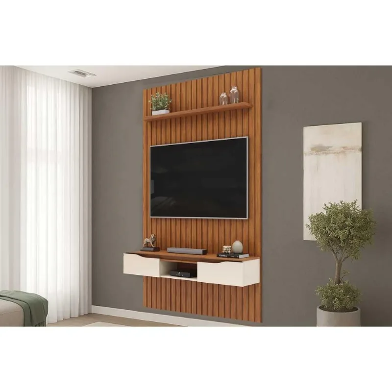 Rack Bancada c/ Painel p/ TV Isac 183x240cm Freijo/Off White - DJ Móveis