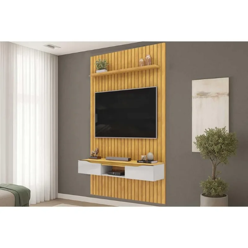 Rack Bancada c/ Painel p/ TV Isac 183x240cm Cedro/Bali - DJ Móveis