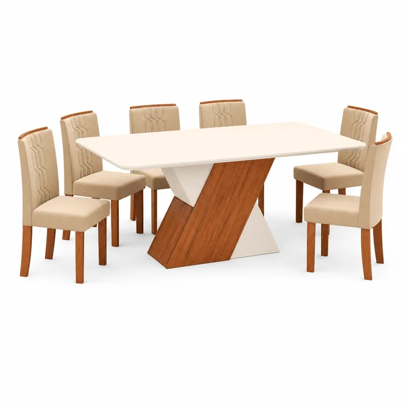 Mesa de Jantar Rubi Cedro Off White Tampo Off White com 6 Cadeiras Lia 170x900