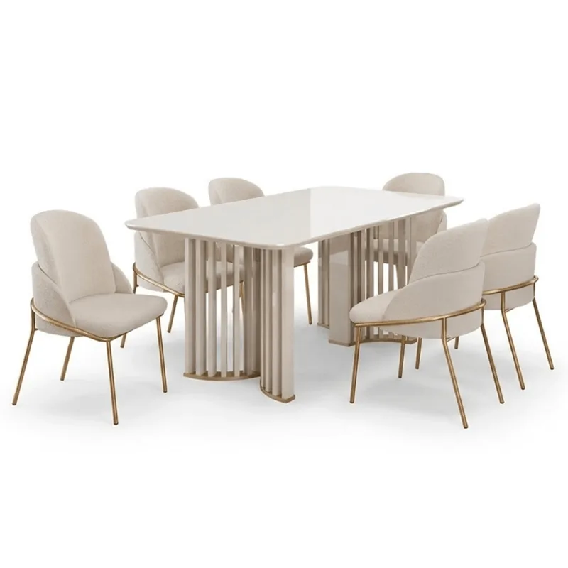 Mesa de Jantar Luma Off White com 6 Cadeiras Vitta Boucle Perola Tampo Orgânico Off White DJ SALA JANTAR DJ LUMA 6CAD OFFWHITE