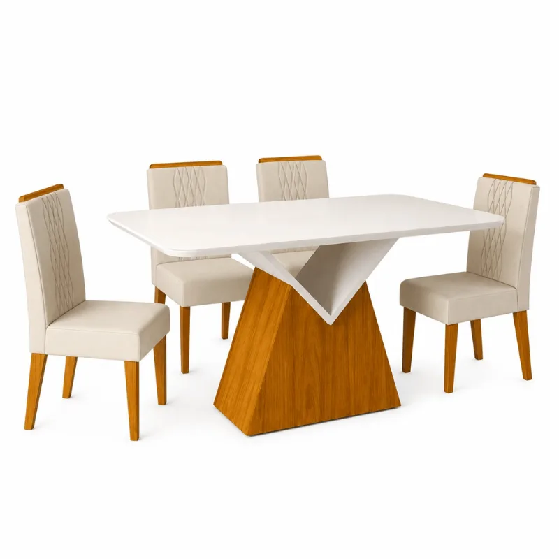 Mesa de Jantar Argo Cedro Tampo Off White com 4 Cadeiras Zoe Cedro Veludo Creme DJ 136x90cm SALA JANTAR DJ ARGO 4CAD OFFWHITE