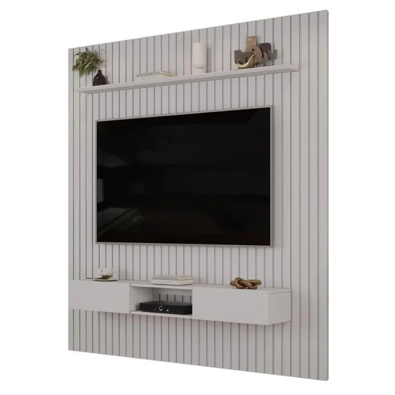Painel com Bancada Suspenso Trento 223 Ripado Bali 223CM MDF Café DJ Móveis