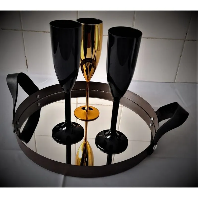Bandeja Espelhada Adnet Redonda 40cm Marrom c/ Alça Preta