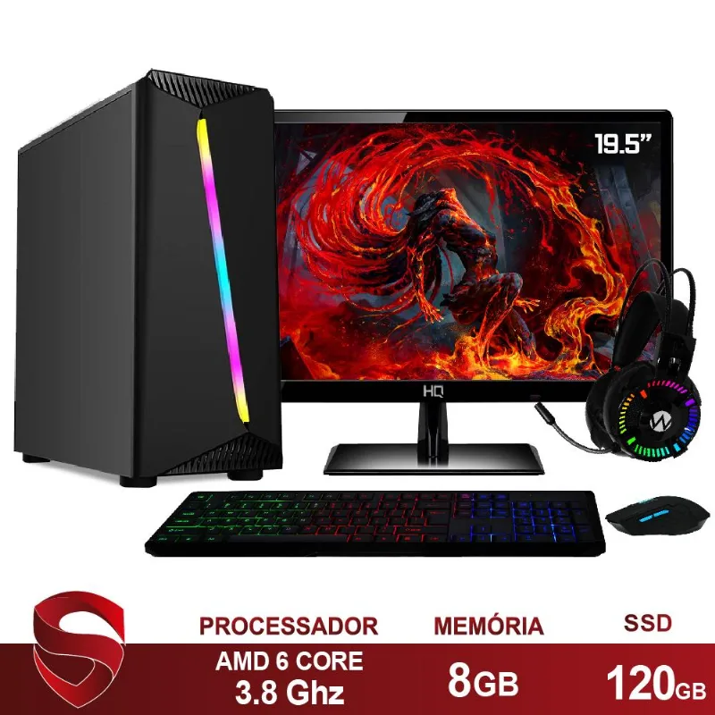 PC Gamer Completo AMD 6 núcleos 3.80Ghz 8GB Placa de vídeo Radeon 2GB SSD 120GB Kit Gamer Monitor HDMI LED 19.5" Skill Casual