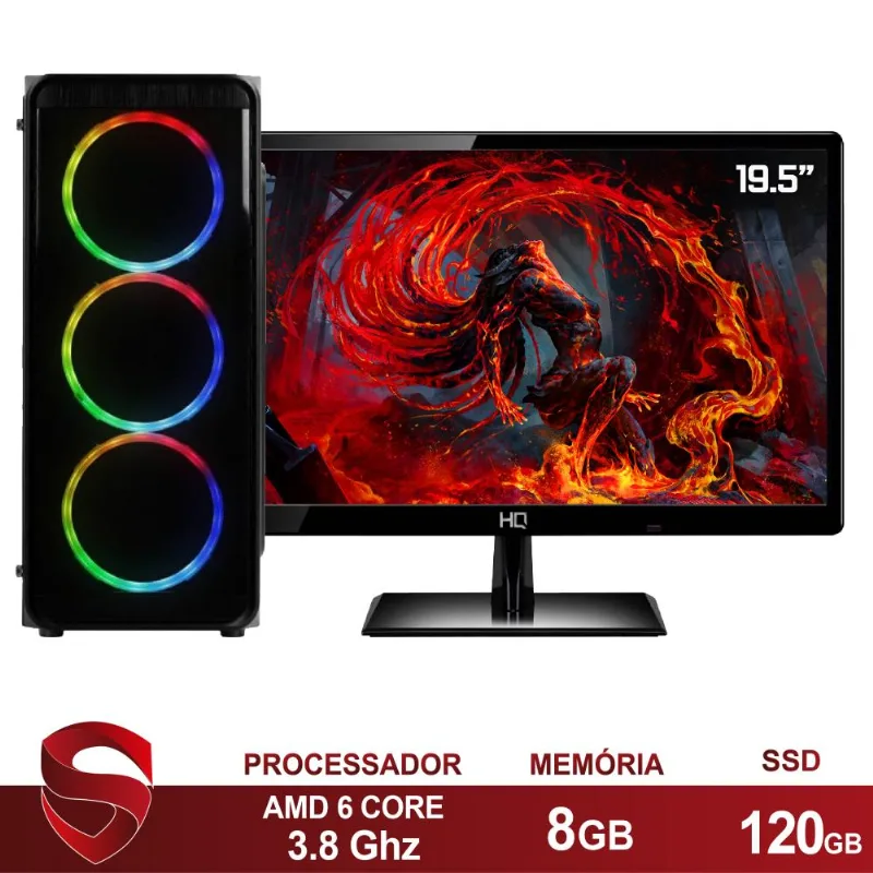 PC Gamer Completo AMD 6 núcleos 3.80Ghz 8GB Placa de vídeo Radeon 2GB SSD 120GB Monitor HDMI LED 19.5" Skill Casual 
