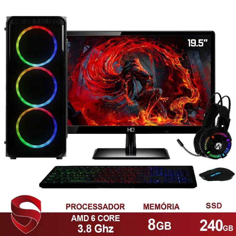 PC Gamer Completo AMD 6 núcleos 3.80Ghz 8GB Placa de vídeo Radeon 2GB SSD 240GB Kit Gamer Monitor HDMI LED 19.5" Skill Casual