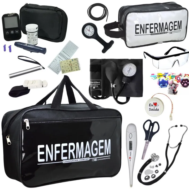 Kit Enfermagem Cores Bolsa + Medidor Glicose - Preto Premium
