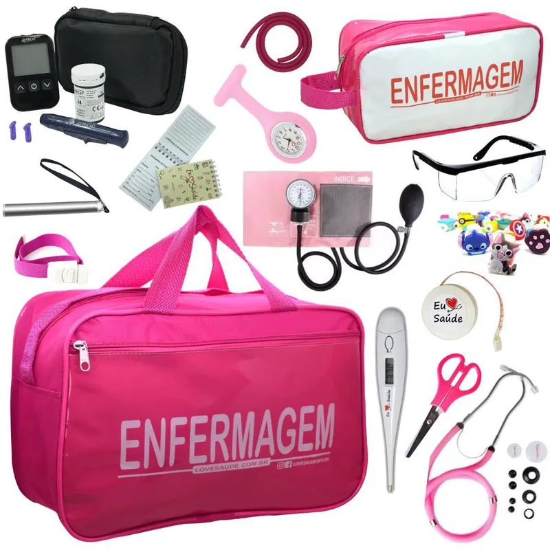 Kit Enfermagem Cores Bolsa + Medidor Glicose - Rosa Premium
