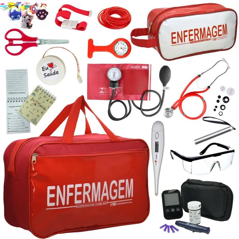 Kit Enfermagem Cores Bolsa +medidor Glicose Vermelho Premium