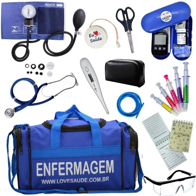 Kit Enfermagem Completo Top + Medidor Glicose Azul Premium