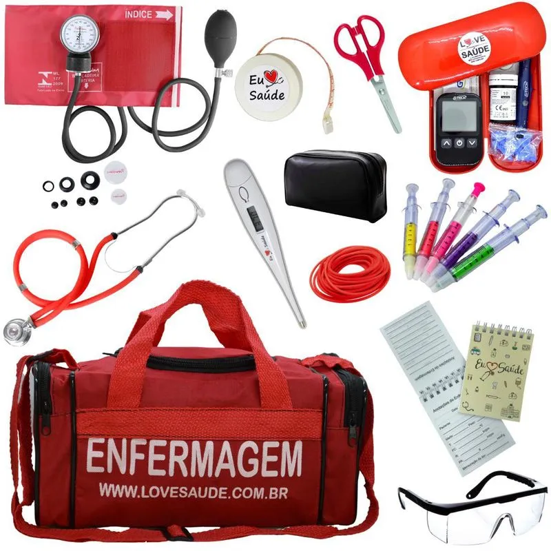 Kit Enfermagem Completo Top Medidor Glicose Vermelho Premium