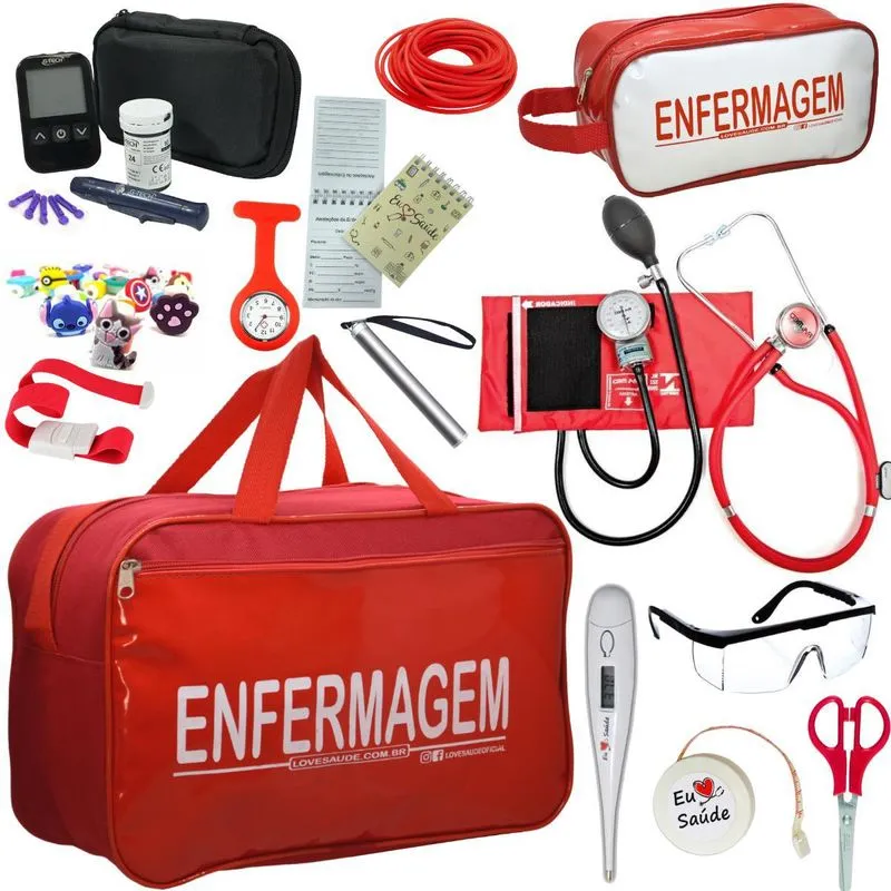 Kit Enfermagem Cores Bolsa + Medidor Glicose Vermelho Pa Med