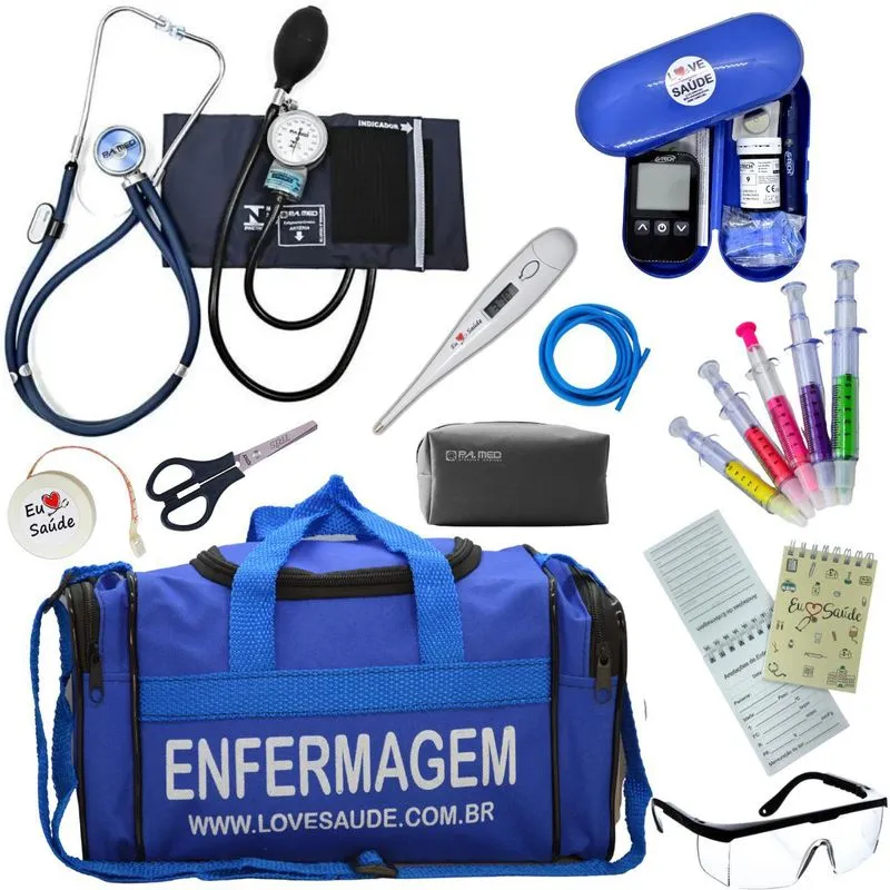 Kit Enfermagem Completo Top + Medidor Glicose - Azul Pa Med