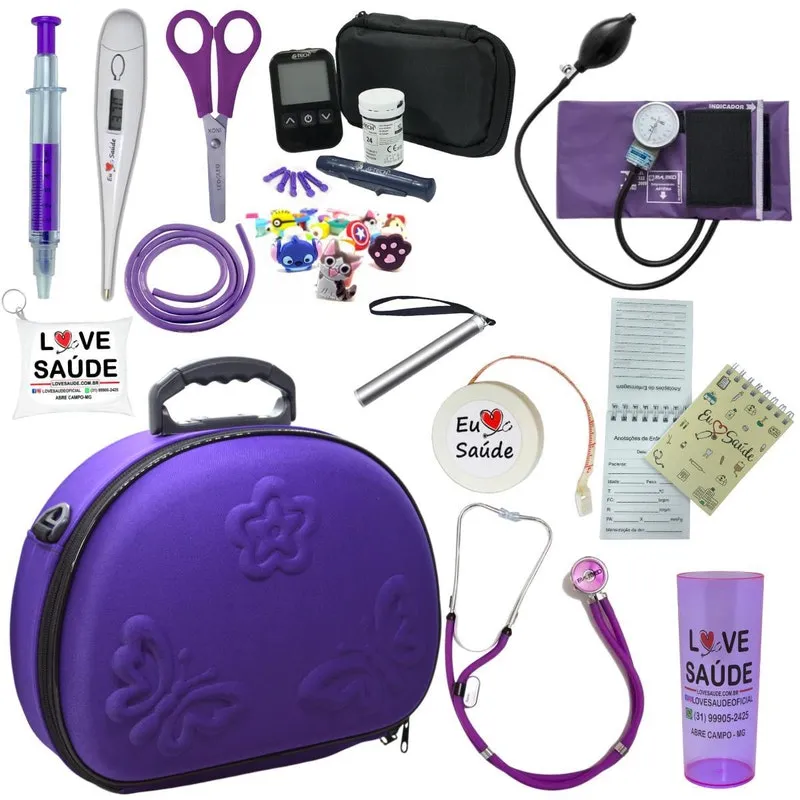 Kit Enfermagem Maleta Luxo + Monitor Glicose Roxo Pa Med