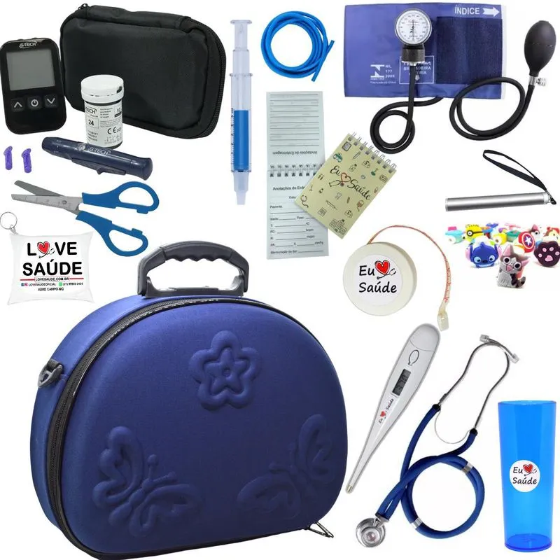 Kit Enfermagem Maleta Completo Monitor Glicose Azul Premium