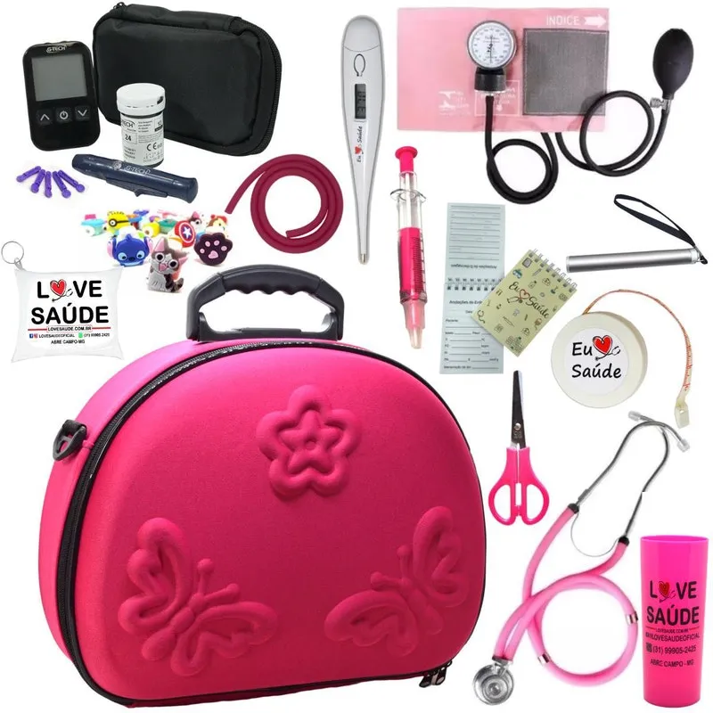 Kit Enfermagem Maleta Completo Monitor Glicose Rosa Premium