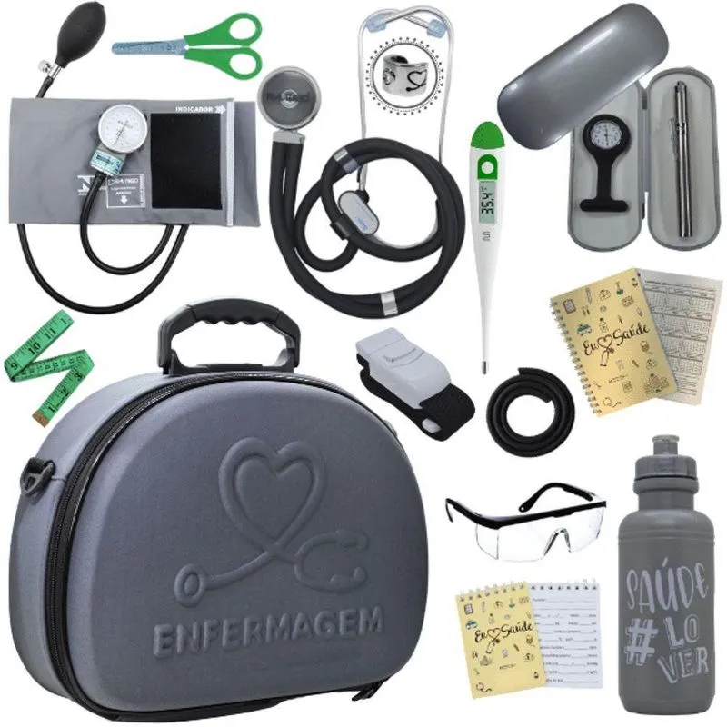 Kit Maleta Enfermagem Aparelho De Pressão Estetoscópio Aneroide Cinza