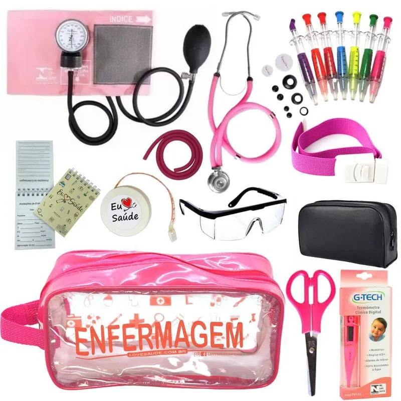 Kit Acadêmico Enfermagem Completo Rosa Transparente Premium