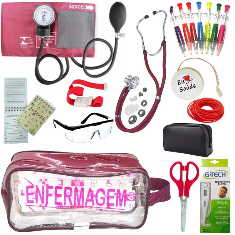 Kit Academico Enfermagem Completo Vinho Transparente Premium