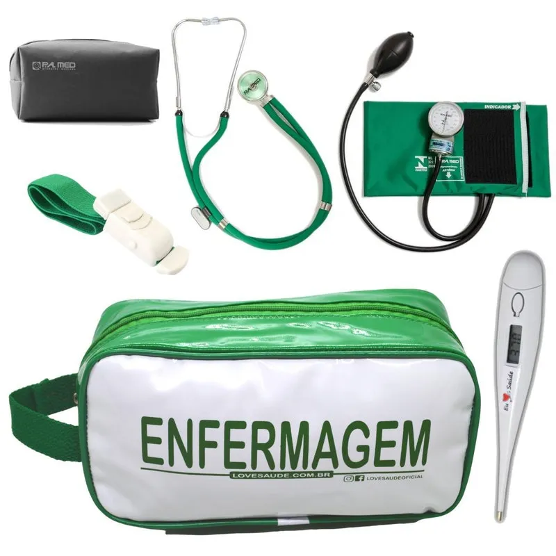 Kit Enfermagem Aparelho Pressão Esteto - Verde Pa Med